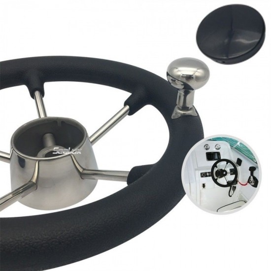 Stainless Steel 11" Steering Wheel with PU Foam, Black PC Cap and Knob for Marine Boat Yacht Fishing