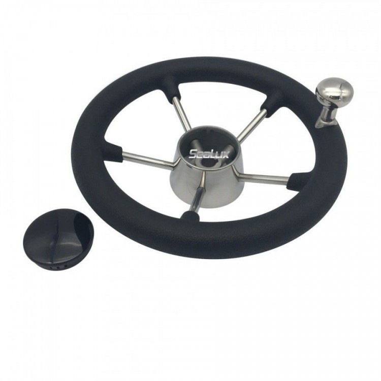 Stainless Steel 11" Steering Wheel with PU Foam, Black PC Cap and Knob for Marine Boat Yacht Fishing  - 3
