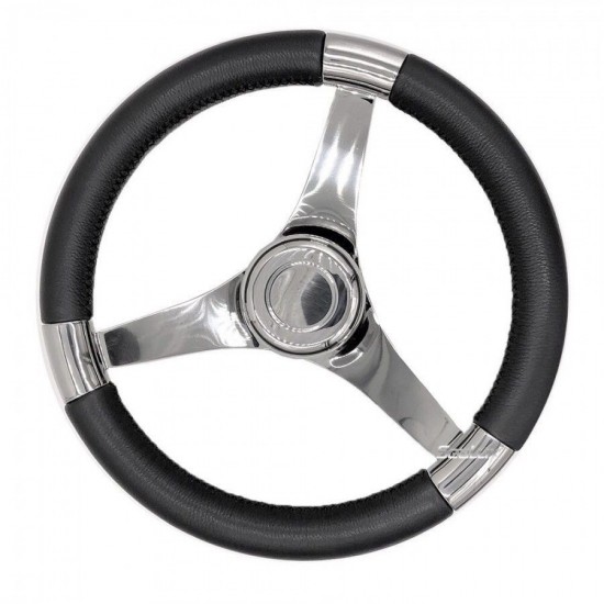 13-1/2 inch Stainless Steel Sport Steering Wheel with PU Foam and Real Leather Covering High-end for Marine Yacht Boat