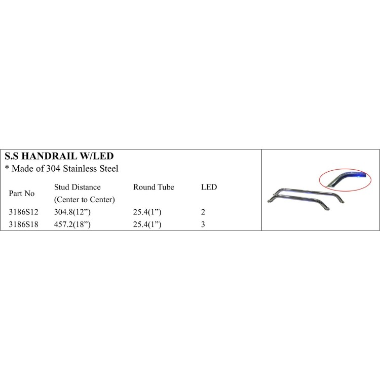 S.S. Handrail with LED - Marine Grade