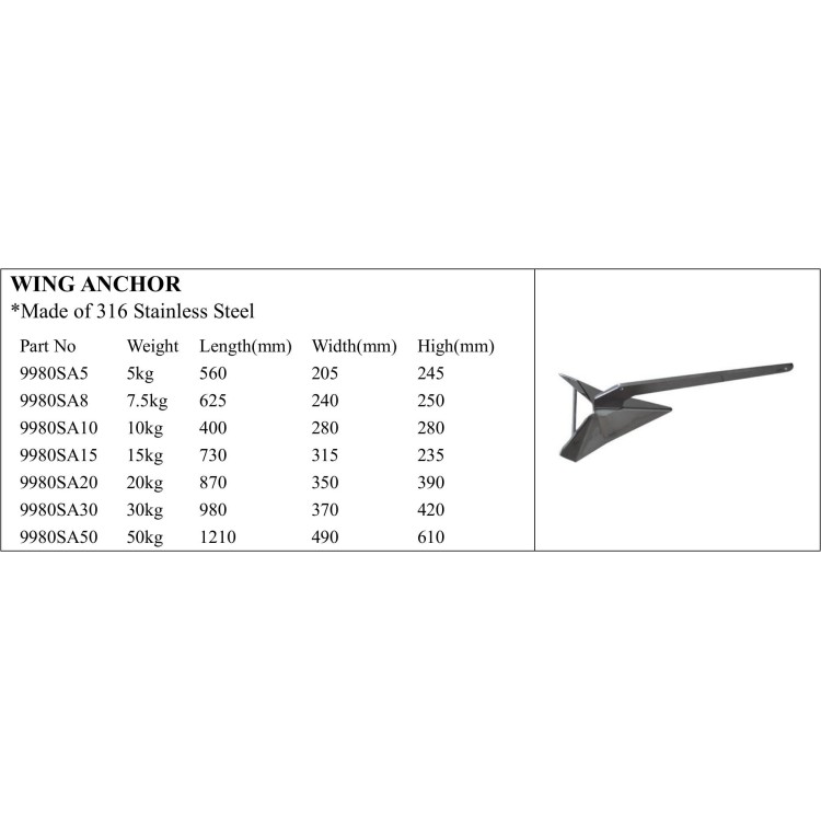 316 Stainless Steel Wing Anchor in Various Sizes