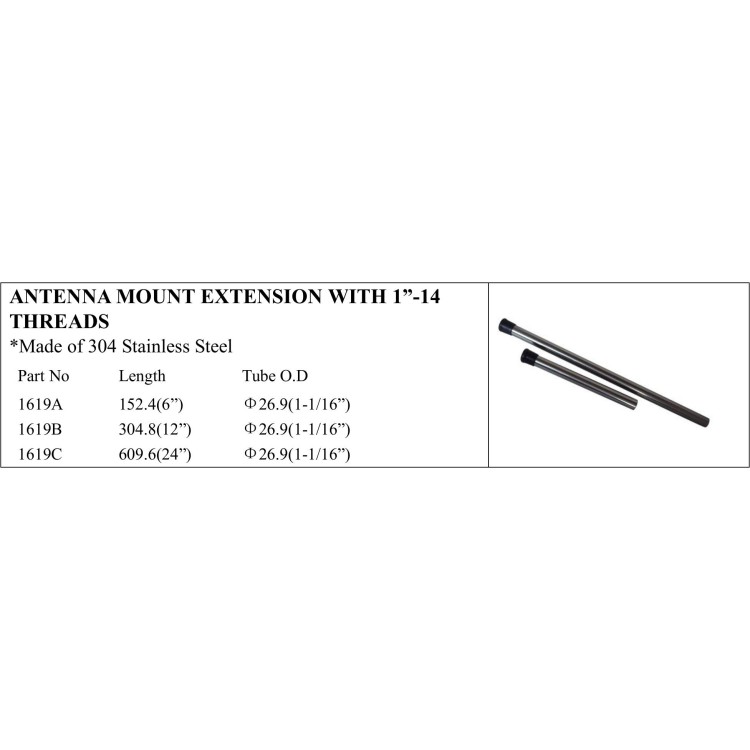 Stainless Steel Antenna Mount Extension, 1”-14 Threads