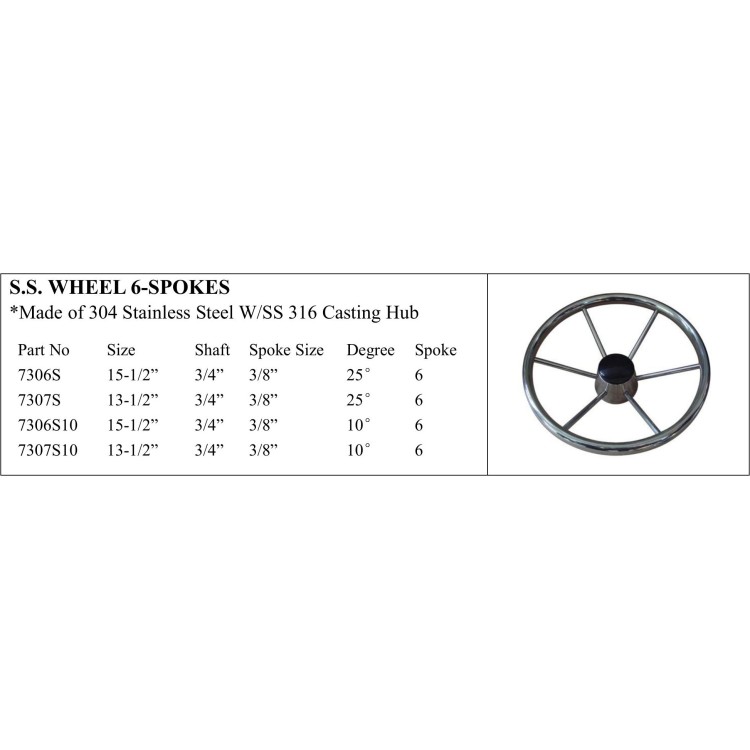 S.S. Wheel 6-spokes - Stainless Steel for Marine Use