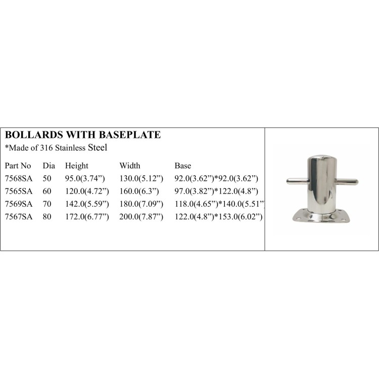 316 Stainless Steel Bollards with Baseplate