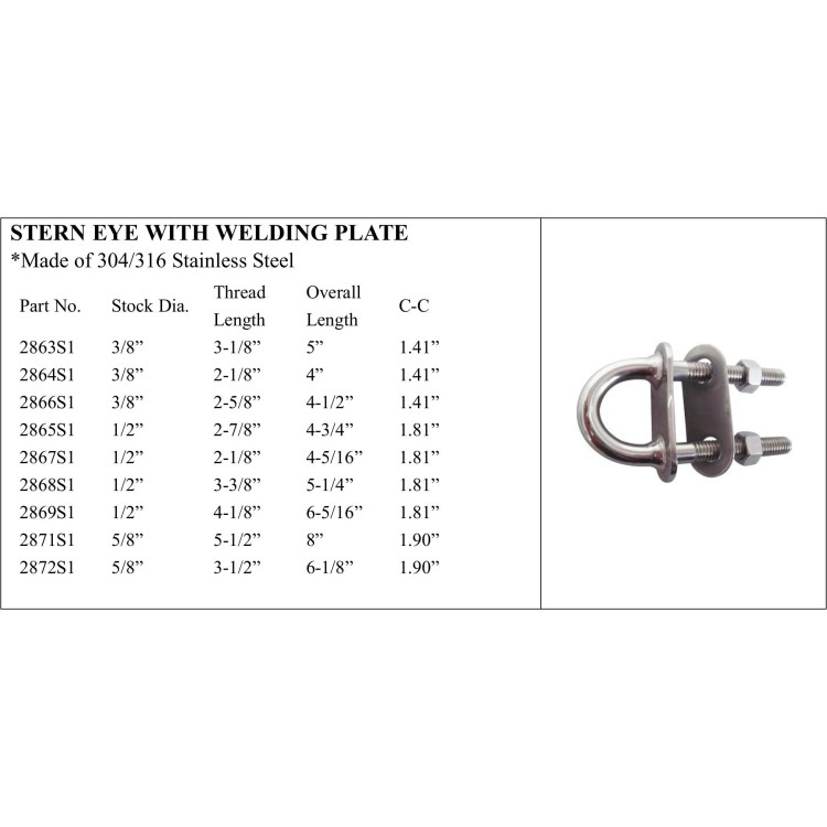 Stern Eye with Welding Plate, 304/316 Stainless Steel