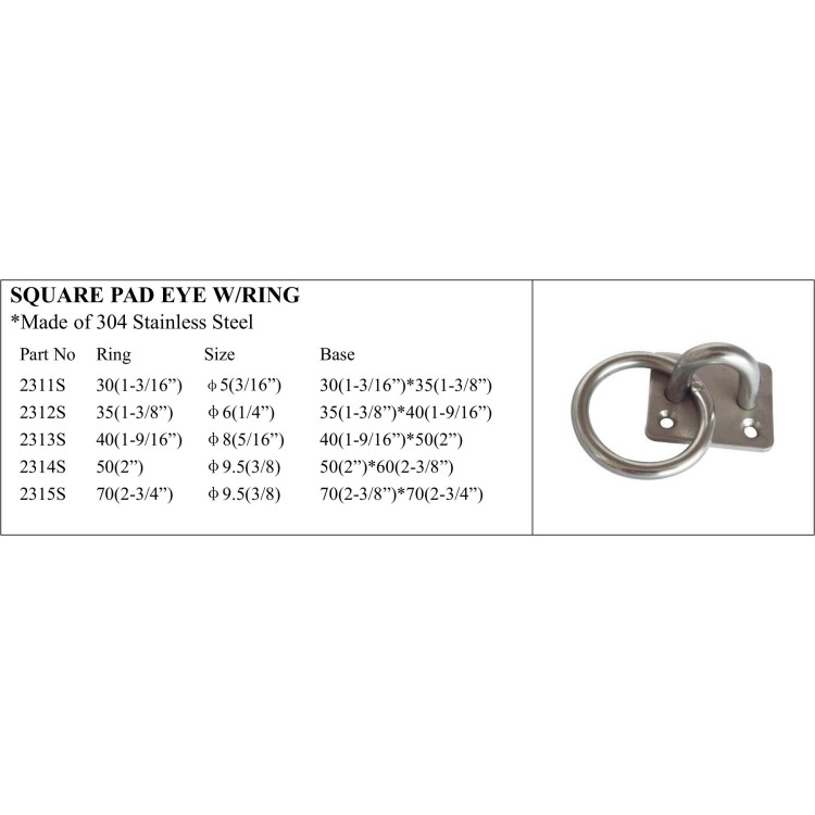 Square Pad Eye with Ring - Stainless Steel