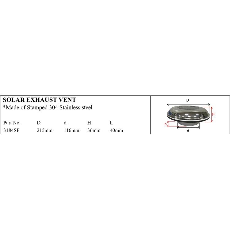 Solar Exhaust Vent - Stamped 304 Stainless Steel