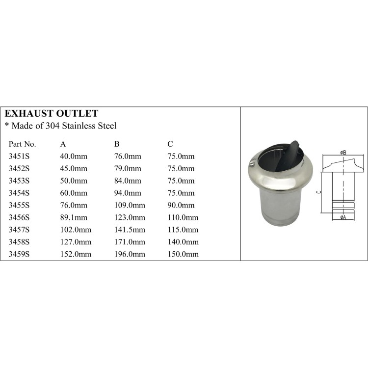 Exhaust Outlet - 304 Stainless Steel, Marine Grade