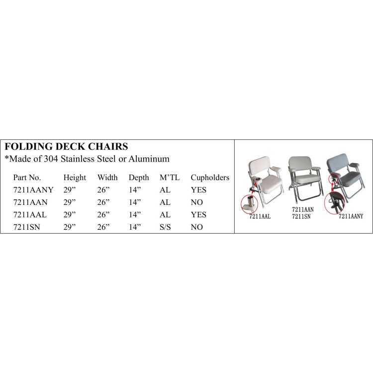 Folding deck chairs made of stainless steel or aluminum